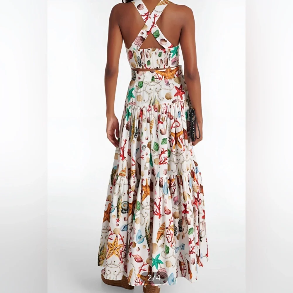 Commense White Tiered Maxi Skirt with Colorful Sea Print - Picture 2 of 4